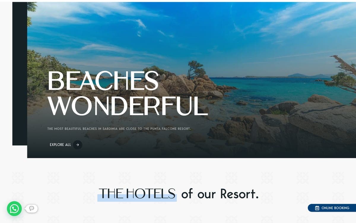 The puntafalconeresort.com home page: "Beaches wonderful", with the Santa Teresa Gallura coastline and the invitation to explore the resort's beaches