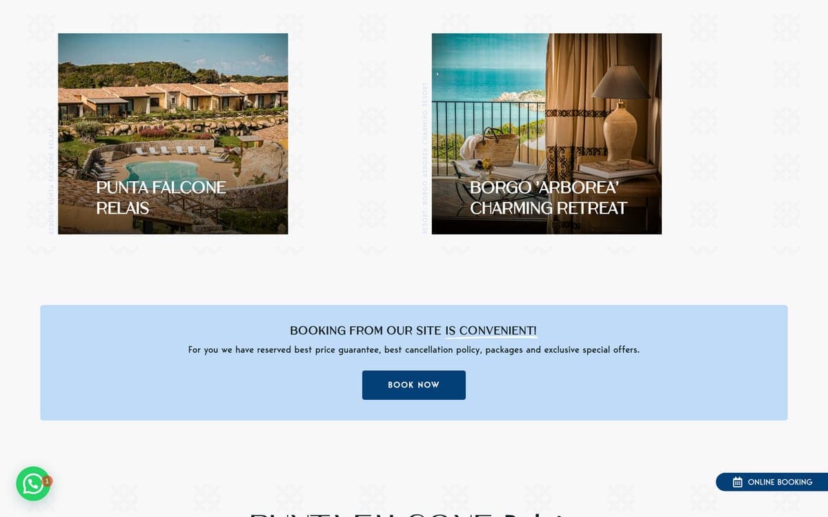 The resort's two souls: Punta Falcone Relais and Borgo 'Arborea' Charming Retreat, with the "booking from our site is convenient" band and the booking button