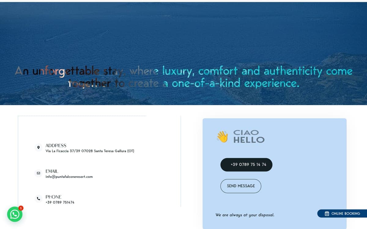 The closing of the home page: the promise of the stay, the resort's contact details and the always-visible WhatsApp channel