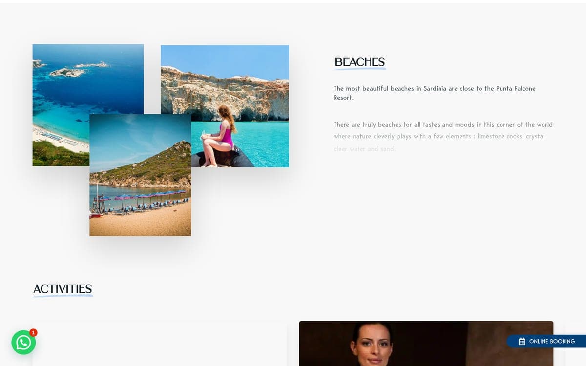 The beaches section, with the collage of coastline photographs and the opening of the activities block