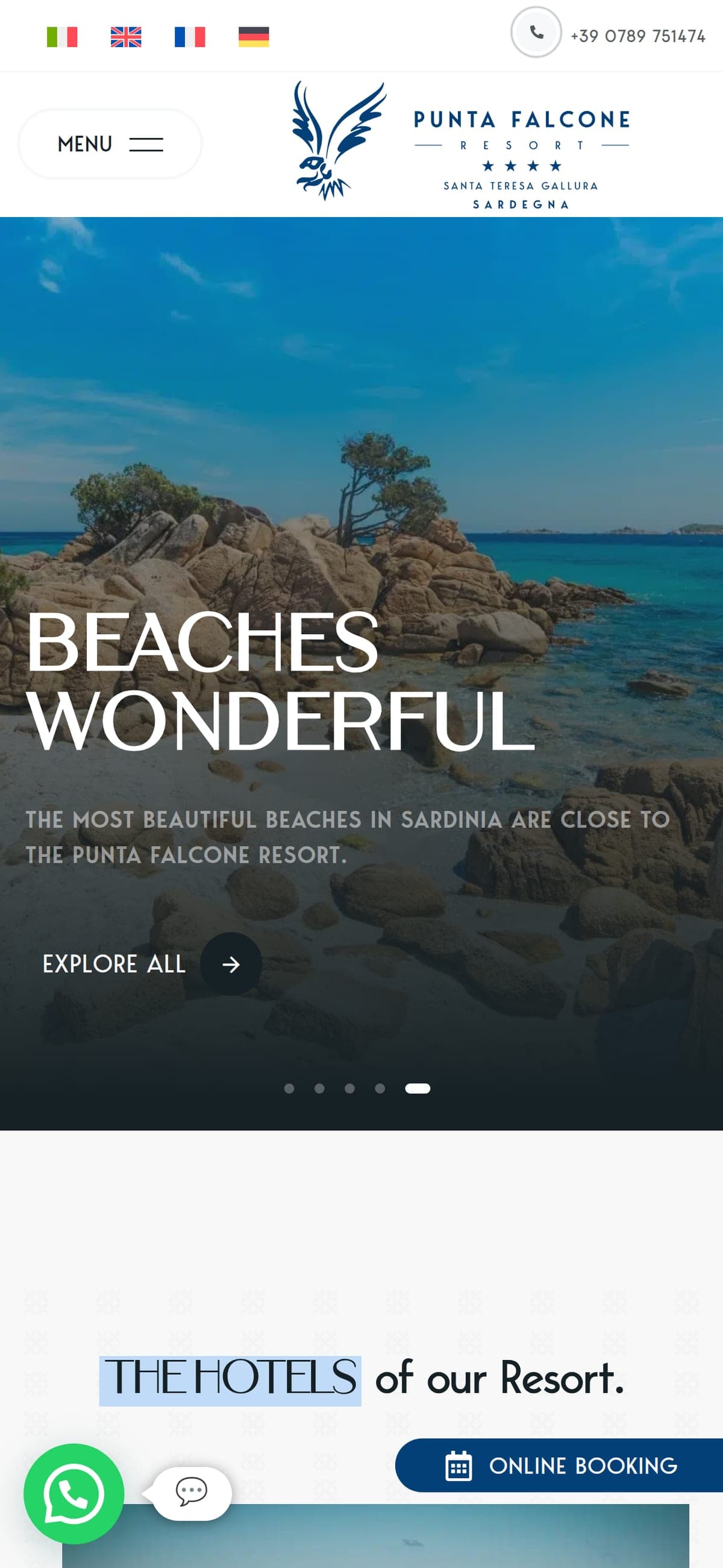 The resort home page on a smartphone, from opening to contacts