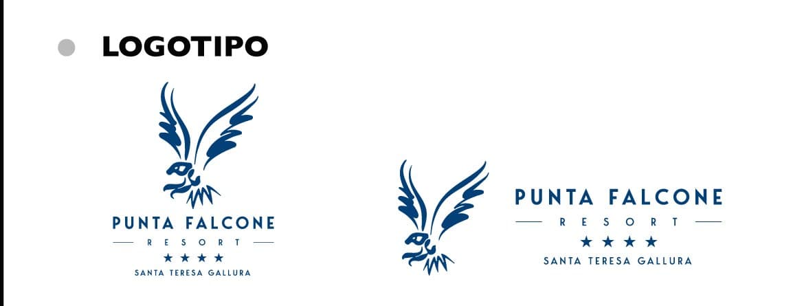 The logotype: the falcon above the "Punta Falcone Resort" wordmark, four stars and Santa Teresa Gallura, in the extended and horizontal versions