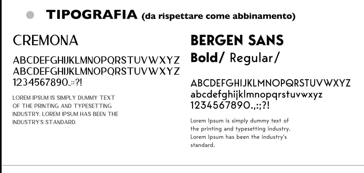 The brand's type system: Cremona for headings and Bergen Sans bold and regular for text