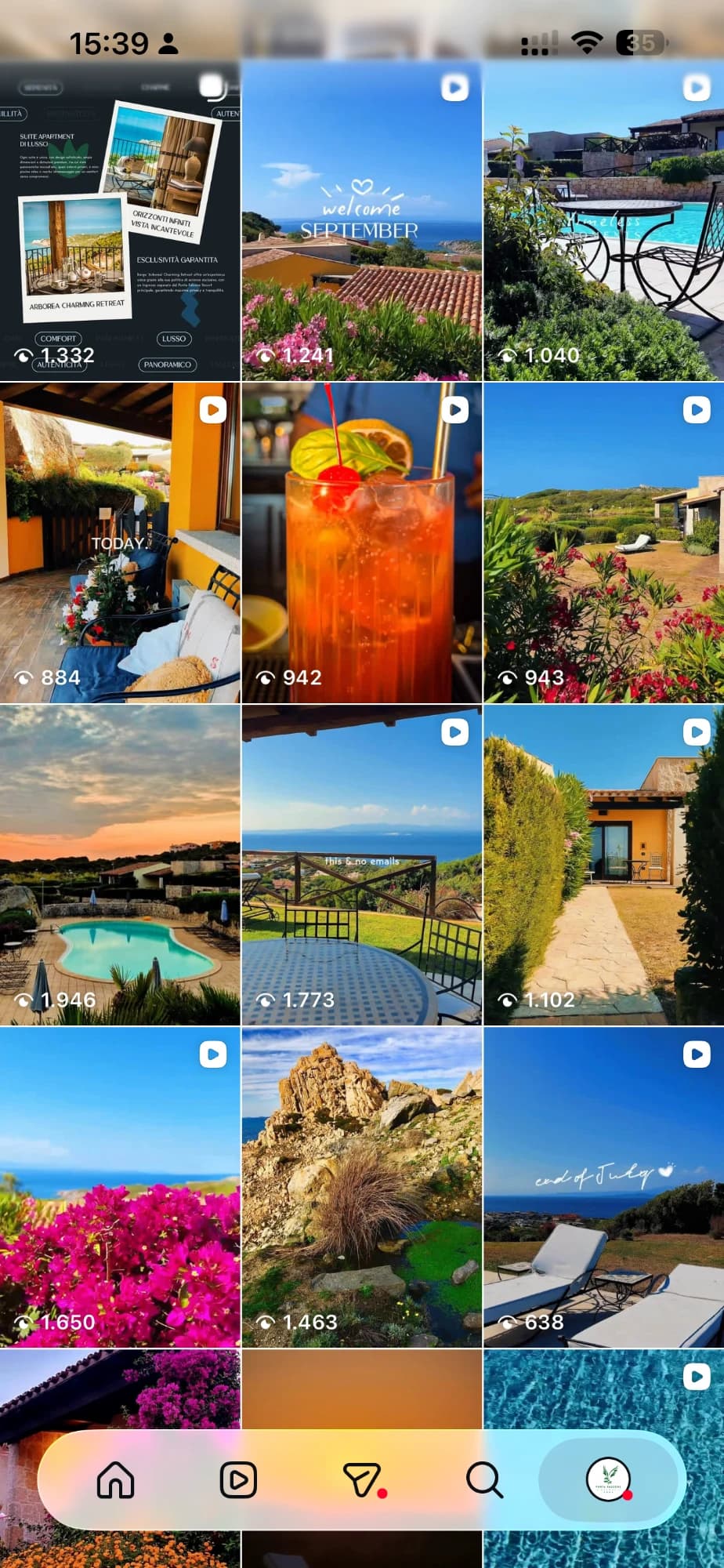 The resort's Instagram feed: poolside cocktails, garden paths, sunsets and the season's typographic cards