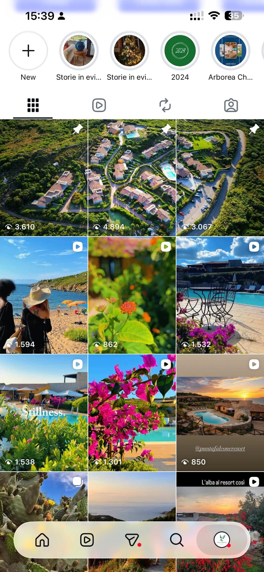 The profile grid with the pinned posts: aerial views of the apartments in the greenery, the beach and the wellness moments
