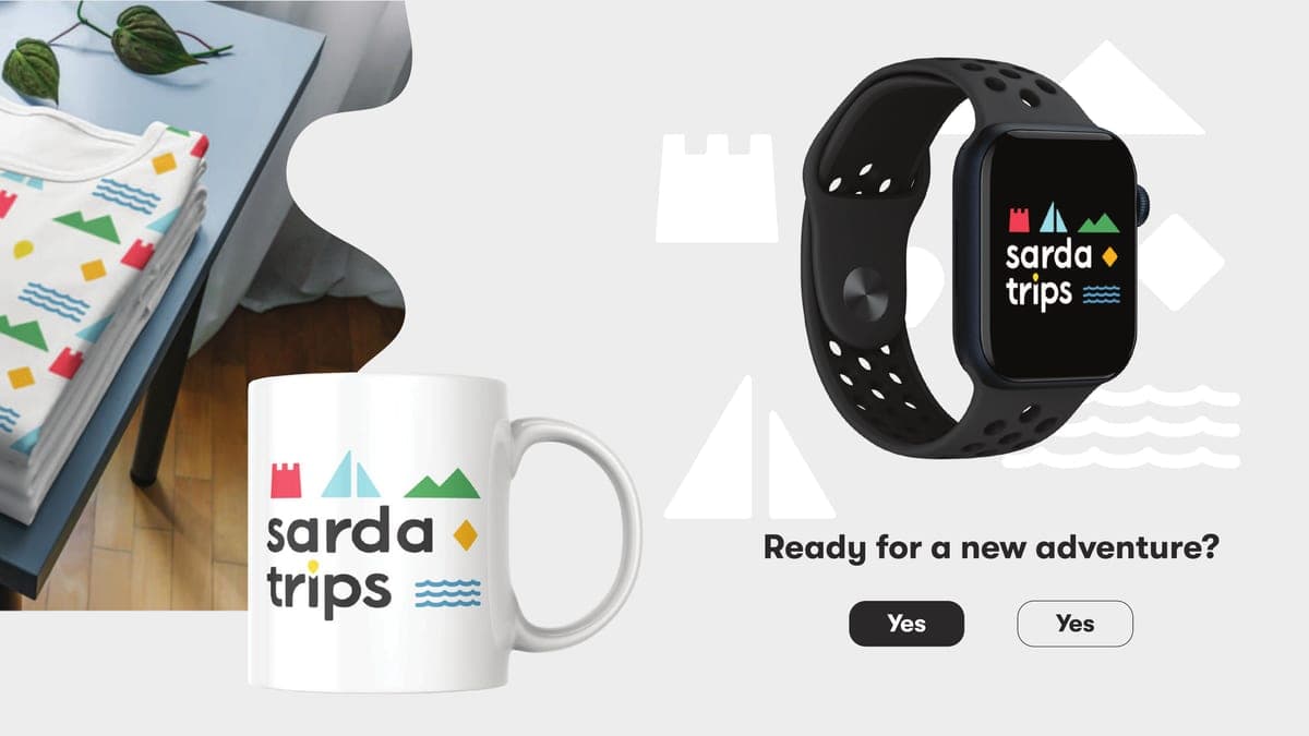 The mark applied to a bottle, t-shirts, a mug and a smartwatch face