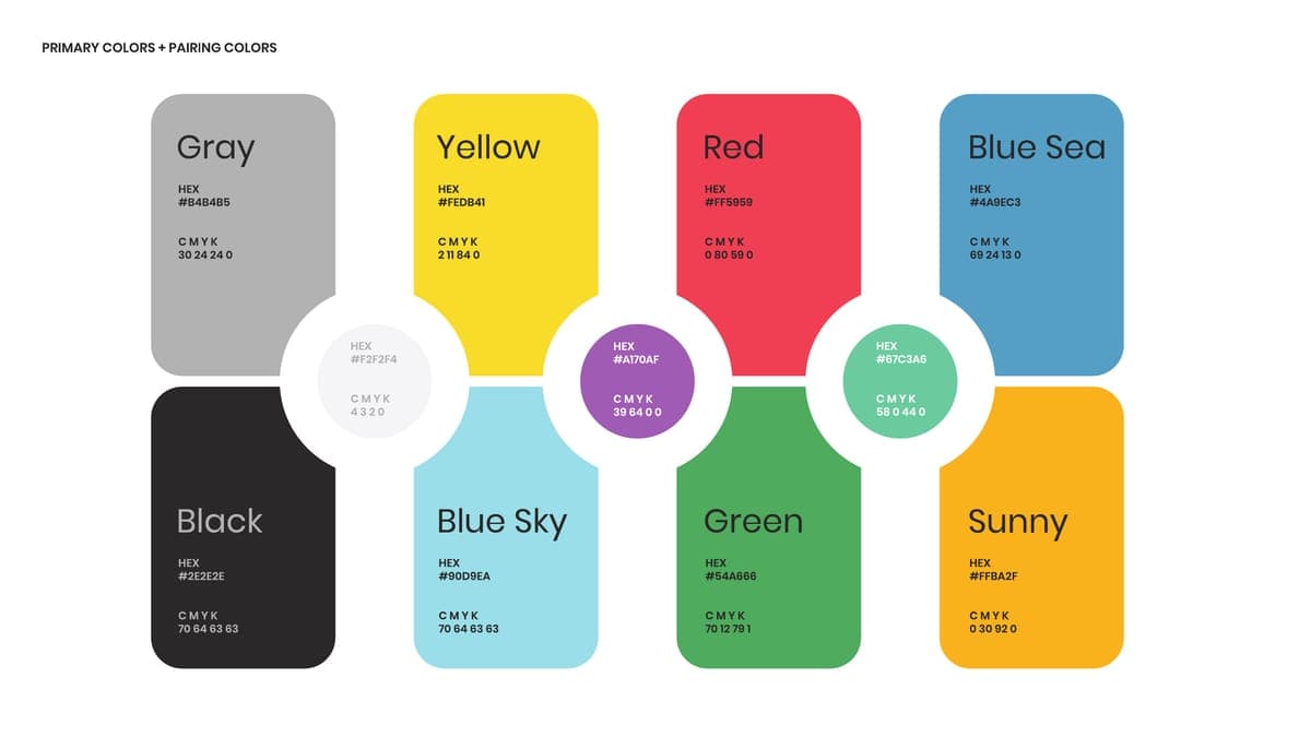The eight-colour system with hex and CMYK values