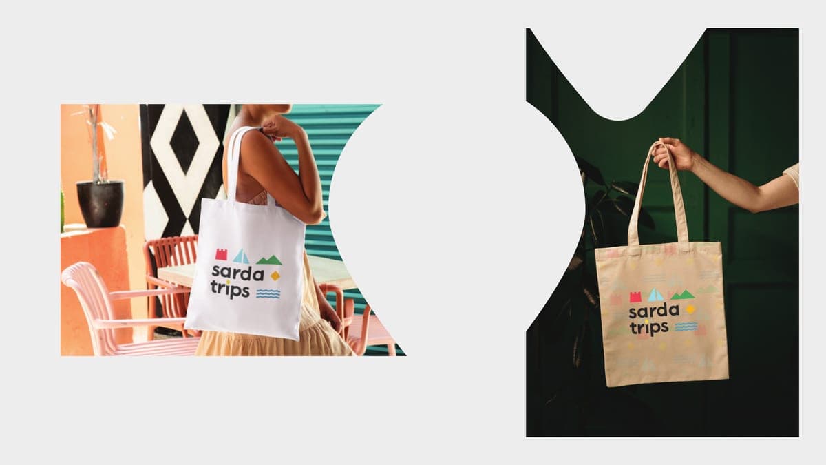 Tote bags carrying the Sarda Trips mark, photographed in use