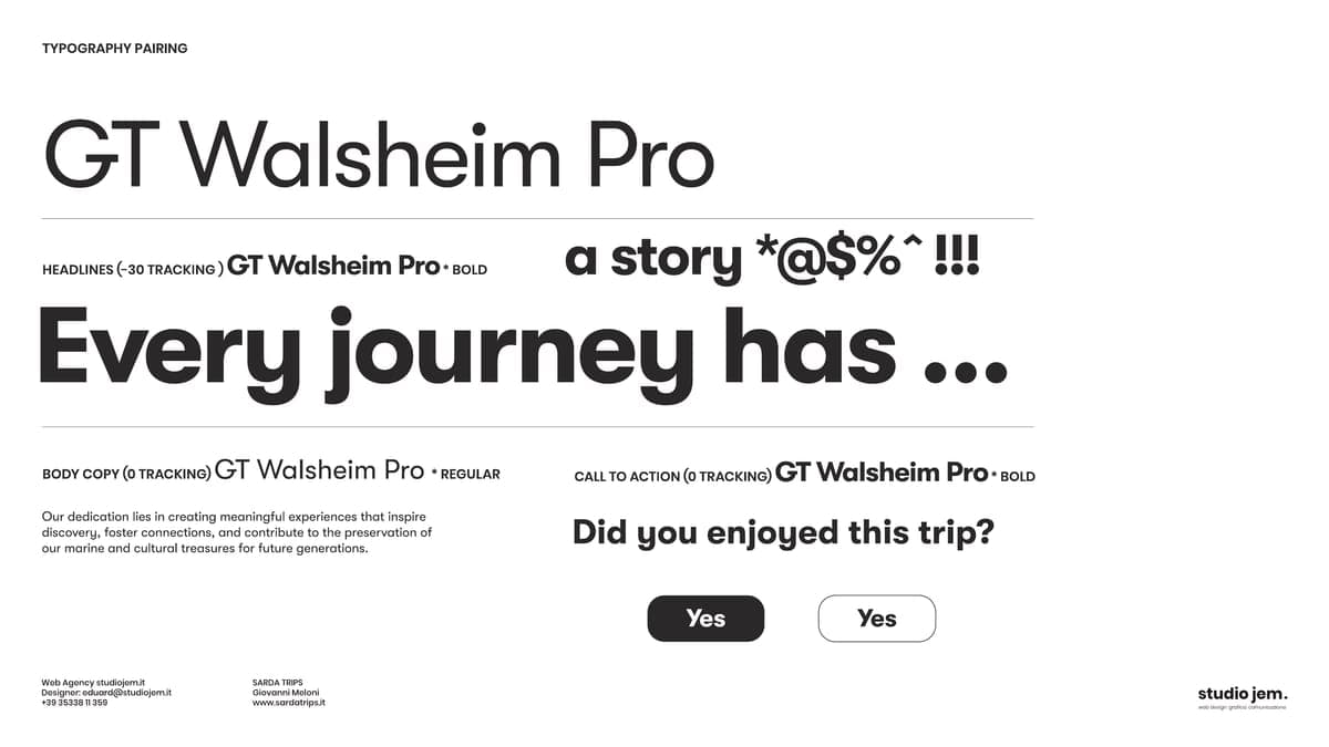 The type system on GT Walsheim Pro, with tracking for headline, body and call to action