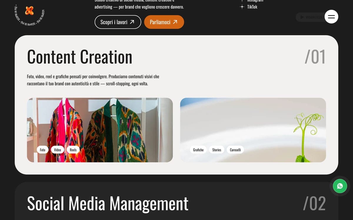 The first service card, Content Creation, with the formats it delivers: photo, video, reels, graphics, stories, carousels