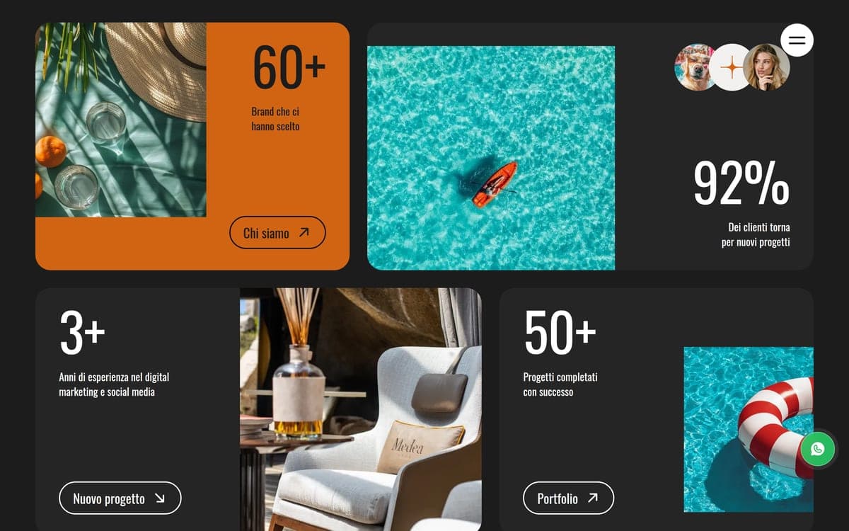 The studio's figures on a grid: 60+ brands, 92% returning clients, 3+ years, 50+ projects