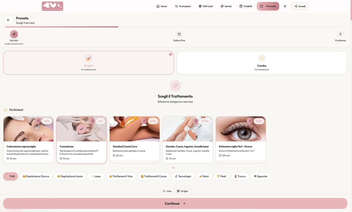 Prenotazione online Estetica Valeria con scelta del servizio
