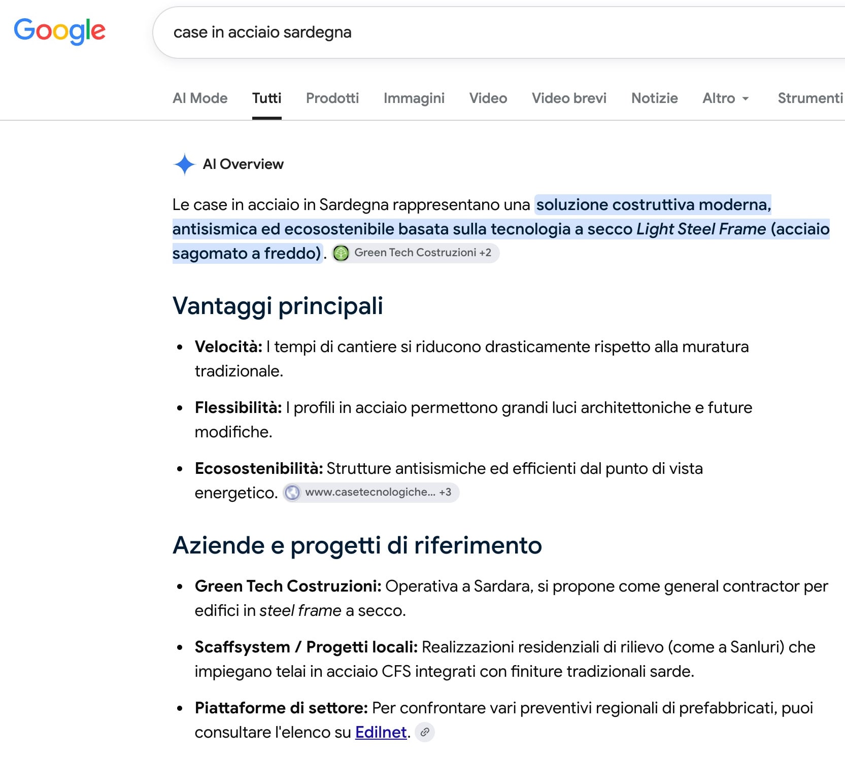 Google AI Overview per la ricerca case in acciaio Sardegna che cita Green Tech Costruzioni come fonte