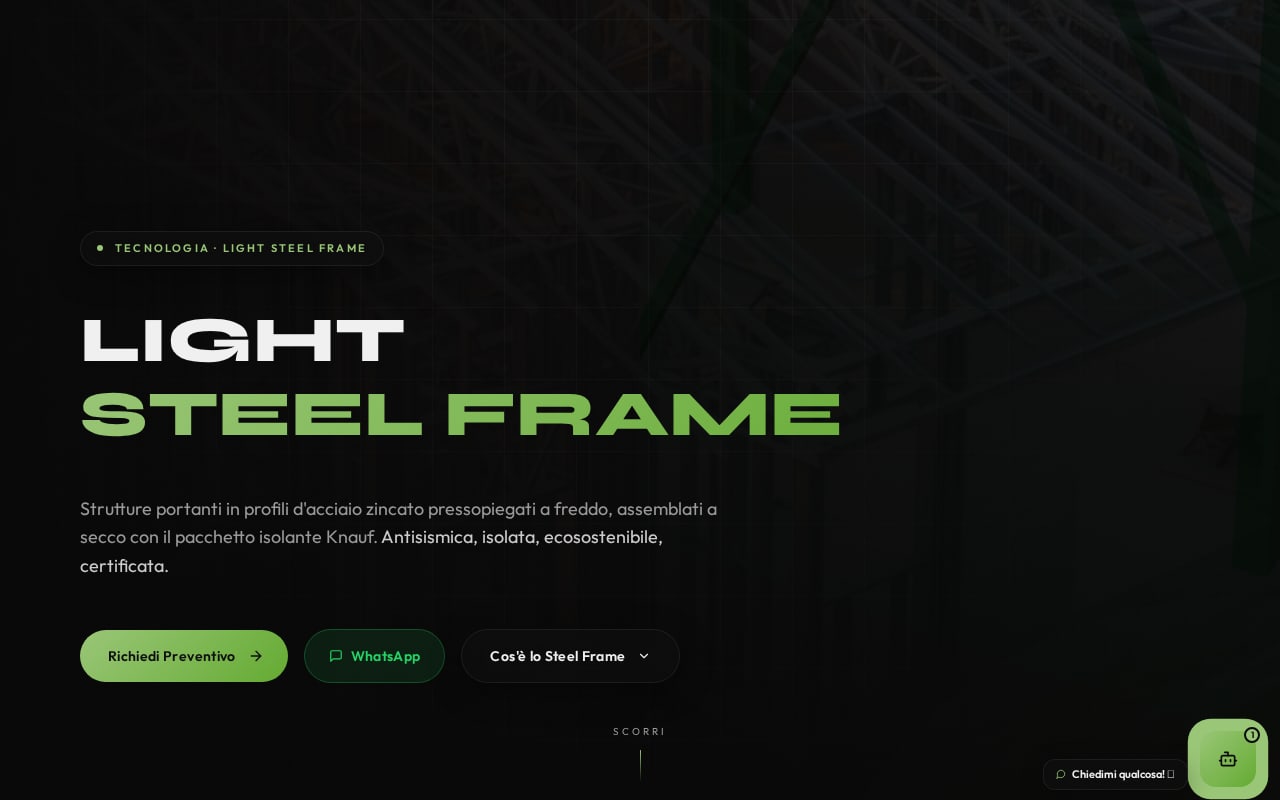 Pagina Green Tech Costruzioni dedicata al light steel frame