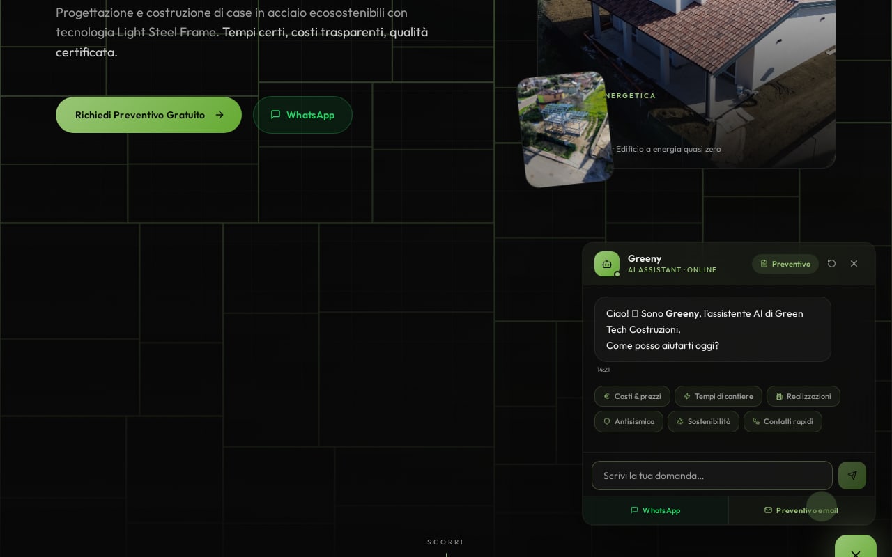 Assistente Greeny con scorciatoie su costi, tempi, realizzazioni e contatti