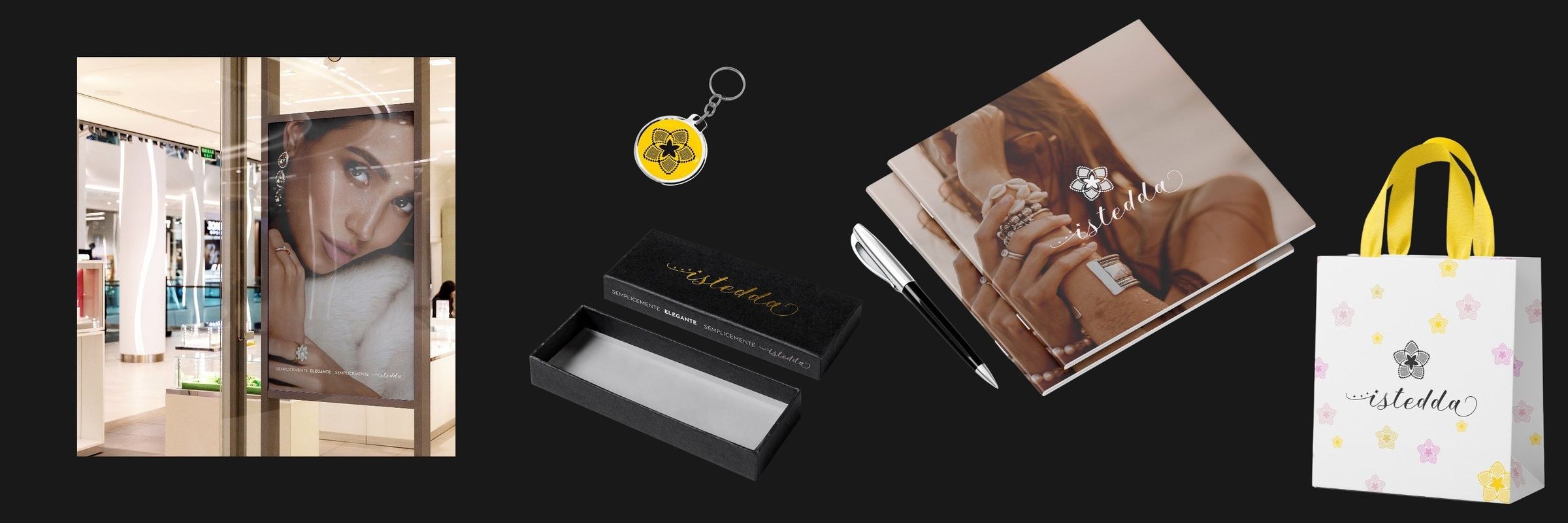 Applicazioni Istedda Gioielli su packaging, shopper, vetrina e materiali di comunicazione