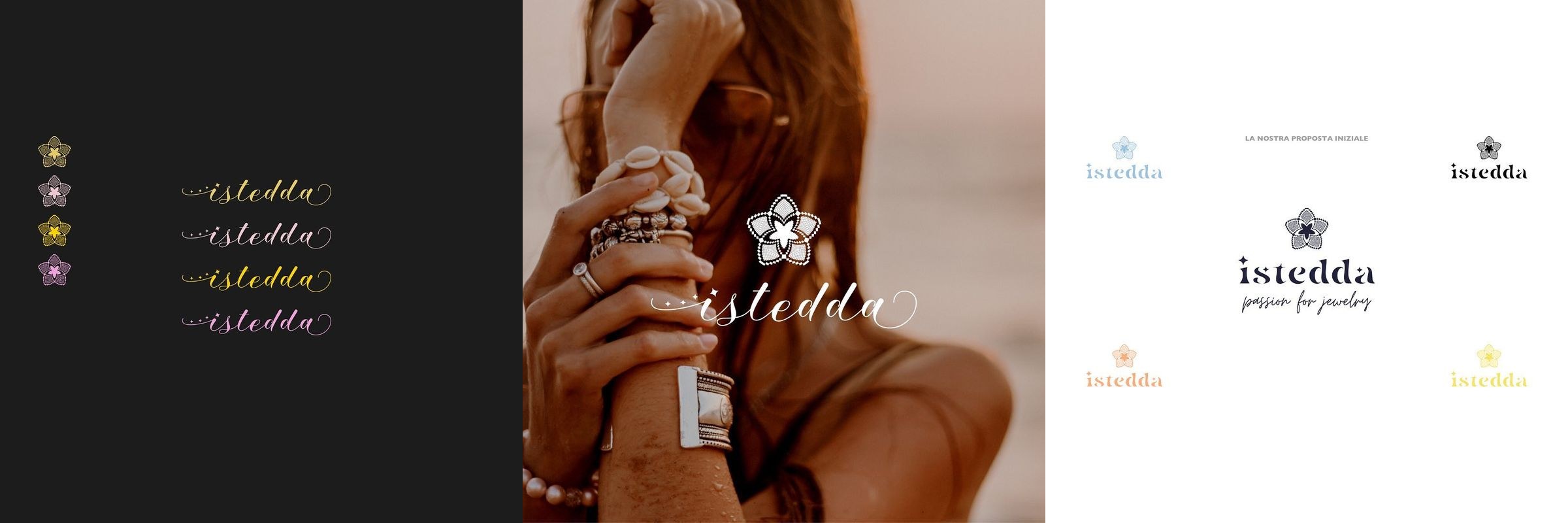 Sistema visivo Istedda con logotipo, fiore e varianti cromatiche applicate al brand