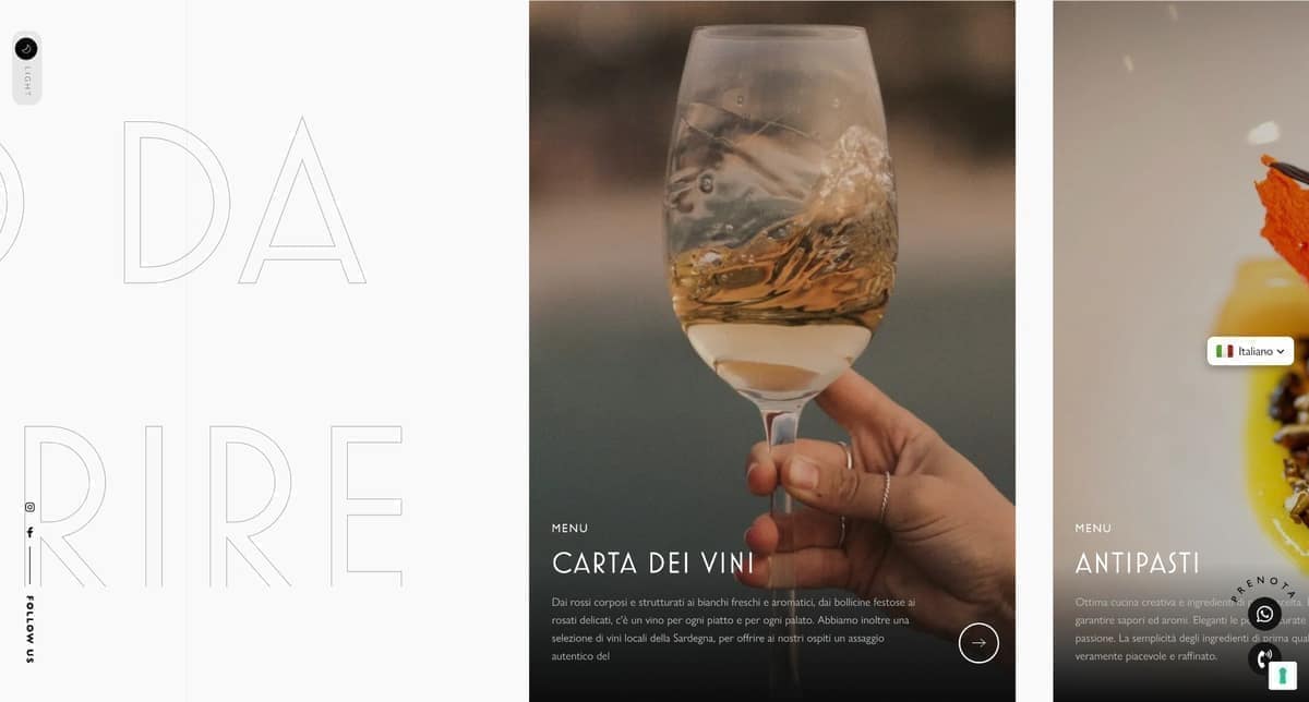 Menu digitale e carta dei vini del sito La Sartoria del Gusto, esempio di contenuto progettato per un ristorante