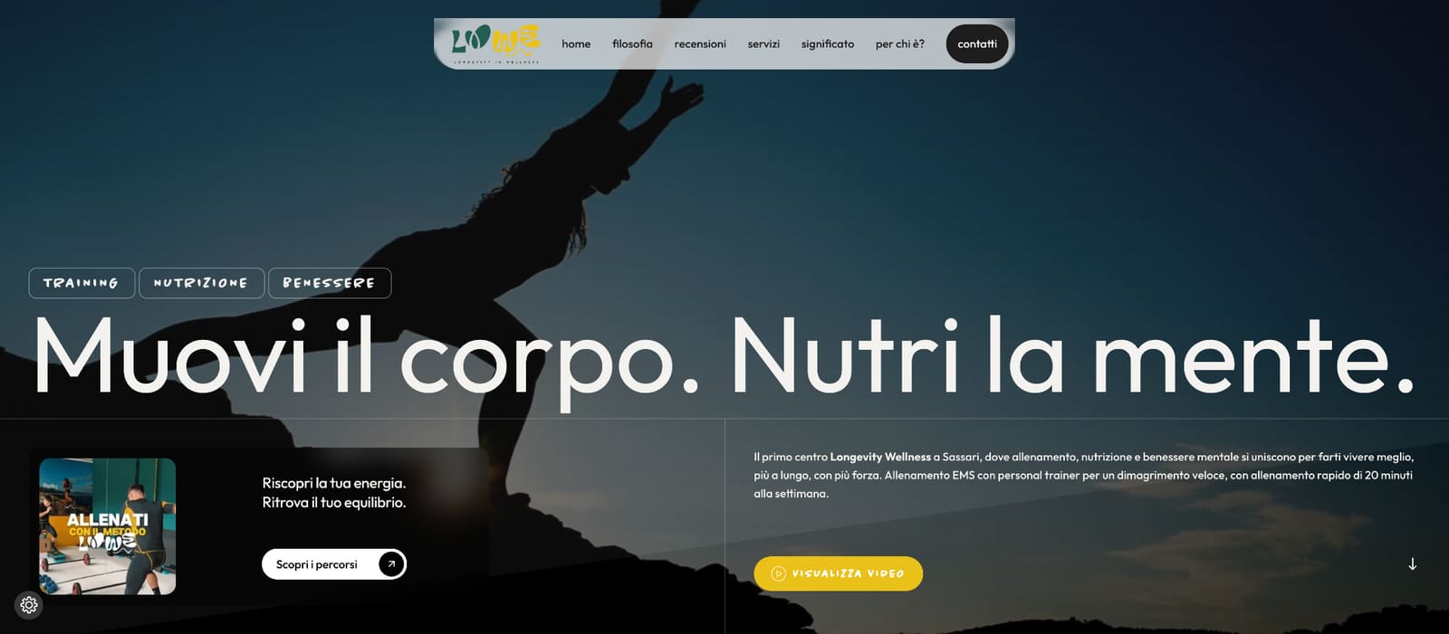 Hero del sito LOWE con la stessa tipografia, palette e linguaggio visivo dell'identità fisica
