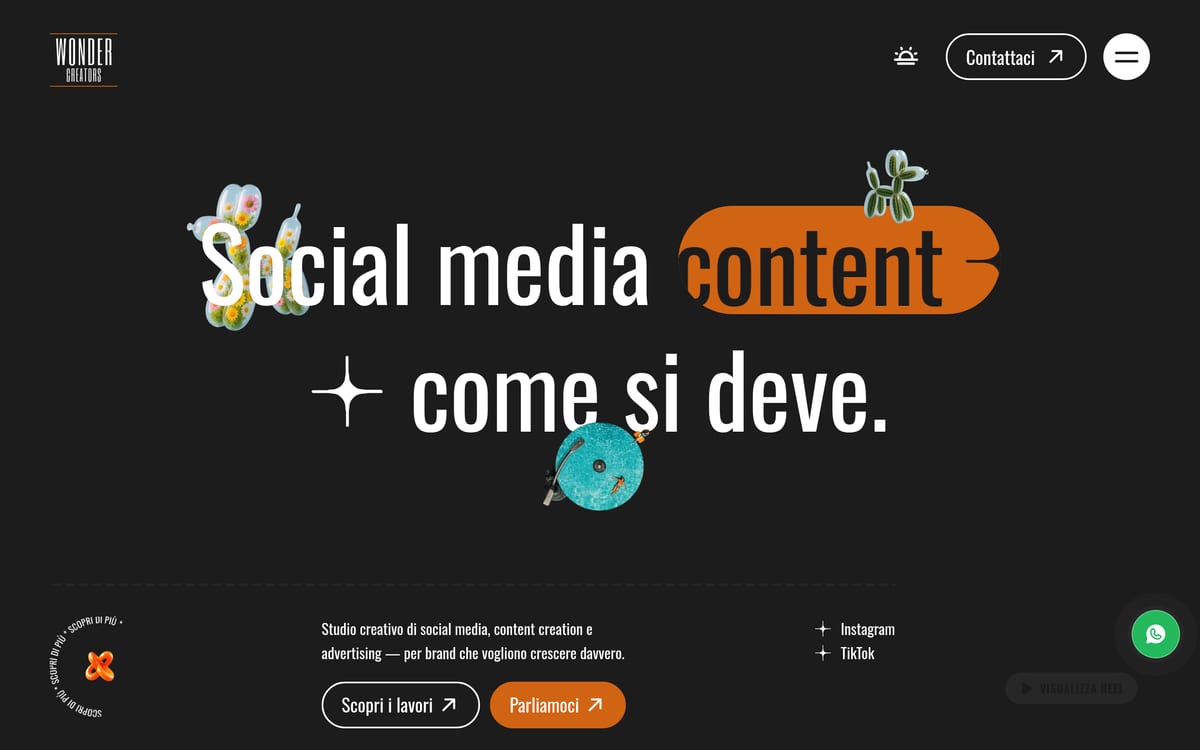 La home di Wonder Creators, esempio di sito sviluppato su misura attorno a un'identità editoriale
