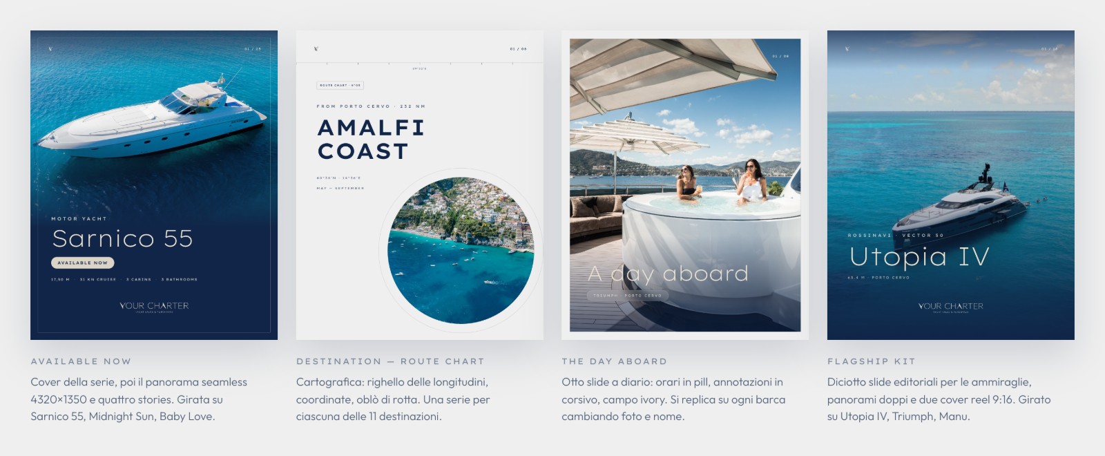 Formati social Your Charter pensati per disponibilità, destinazioni e contenuti di prodotto