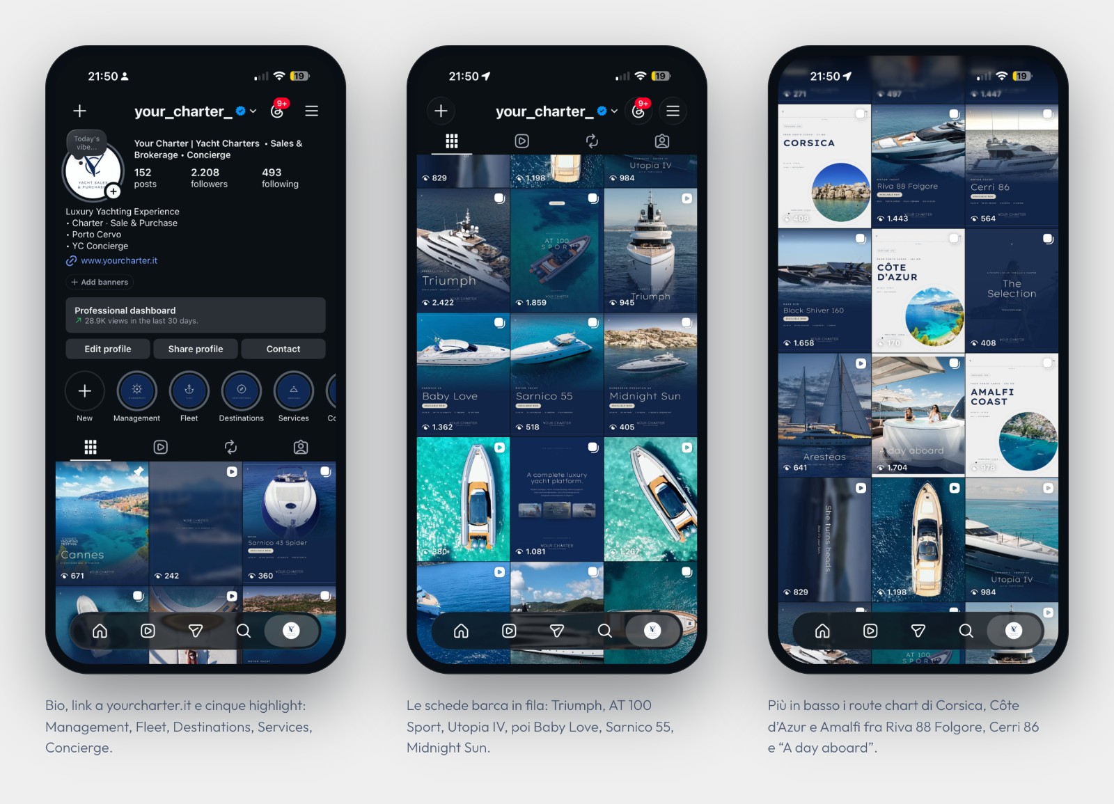 Profilo Instagram Your Charter con bio, highlights e griglia coordinata