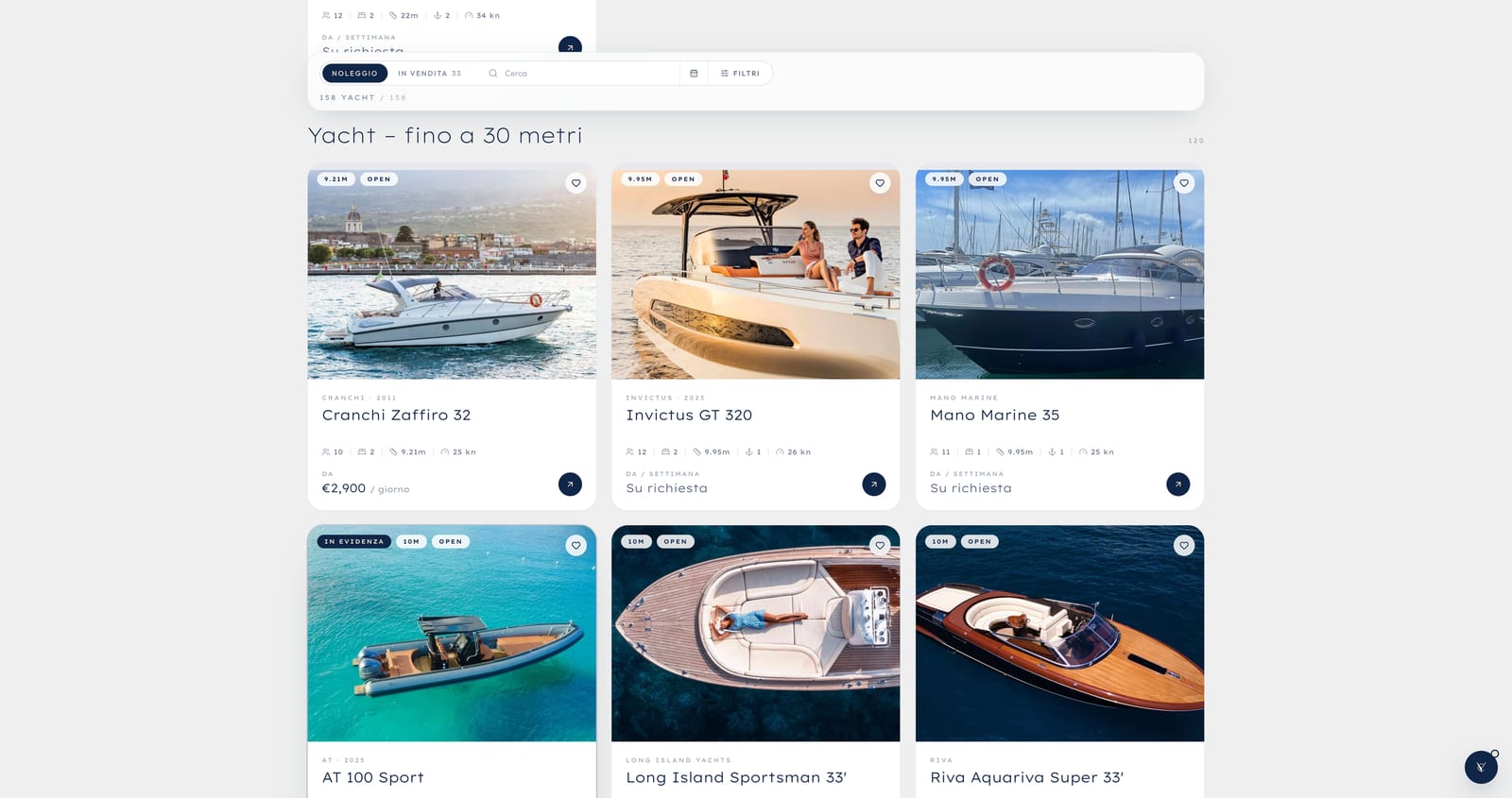 Catalogo della flotta Your Charter filtrabile per tipo e misura, con dati principali visibili sulle schede