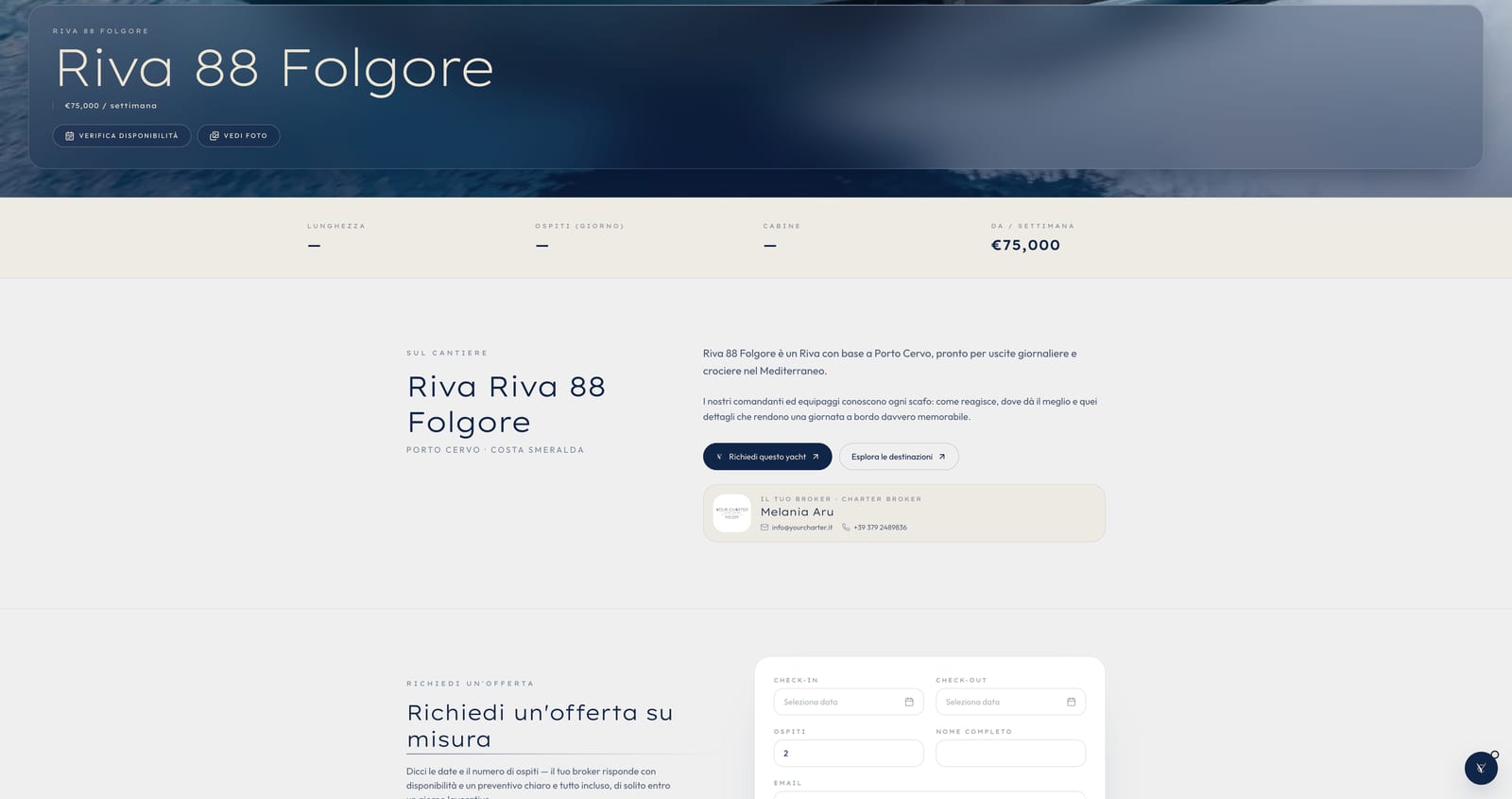 Scheda yacht di Your Charter con lunghezza, porto, cabine, tariffa e broker di riferimento