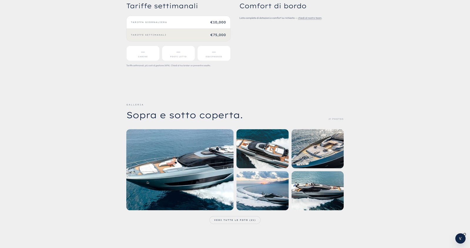 Tariffe giornaliere e settimanali accanto ai comfort di bordo nella scheda Your Charter
