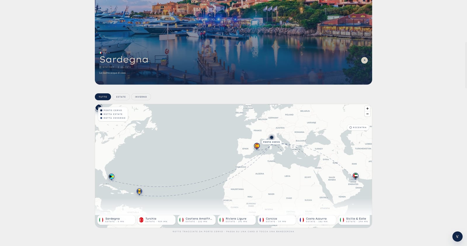 Pagina destinazioni di Your Charter con Sardegna e rotte nel Mediterraneo e Caraibi