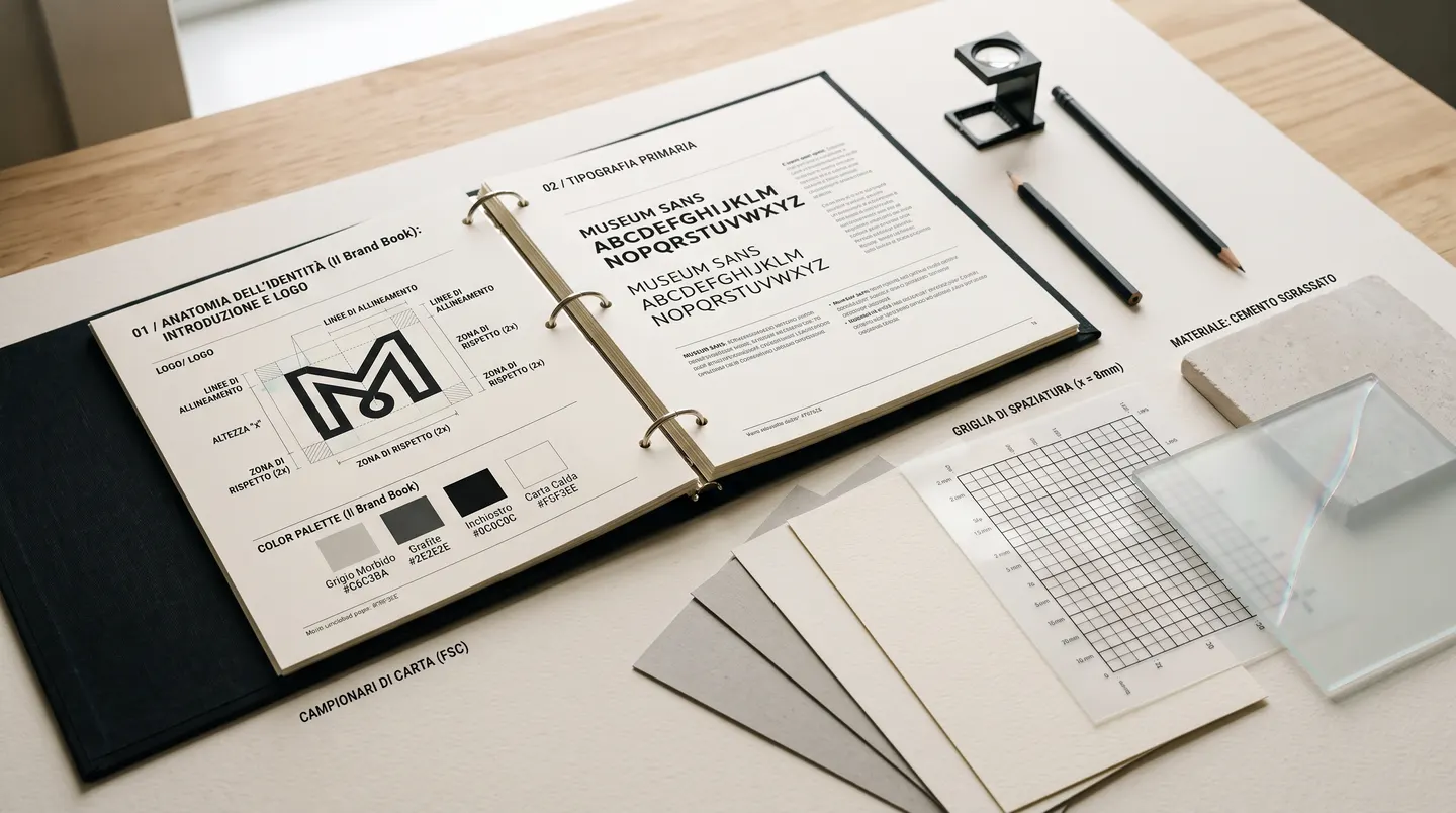 Brand book aperto su due pagine: a sinistra la costruzione del monogramma con linee di allineamento, zone di rispetto e palette con i codici; a destra la tipografia primaria