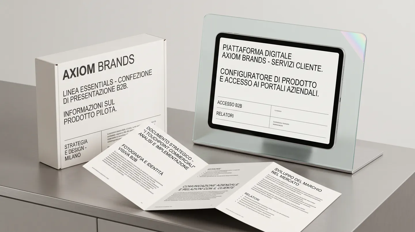 Materiali commerciali coordinati: confezione di presentazione, pieghevole di documentazione e tablet che mostra la piattaforma digitale con la stessa impaginazione